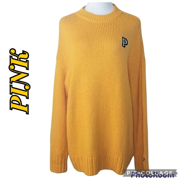 PINK Victoria's Secret Sweaters - PINK Oversized Sweater Bright Gold LS Embroidered Thick Tunic Knit Size Large